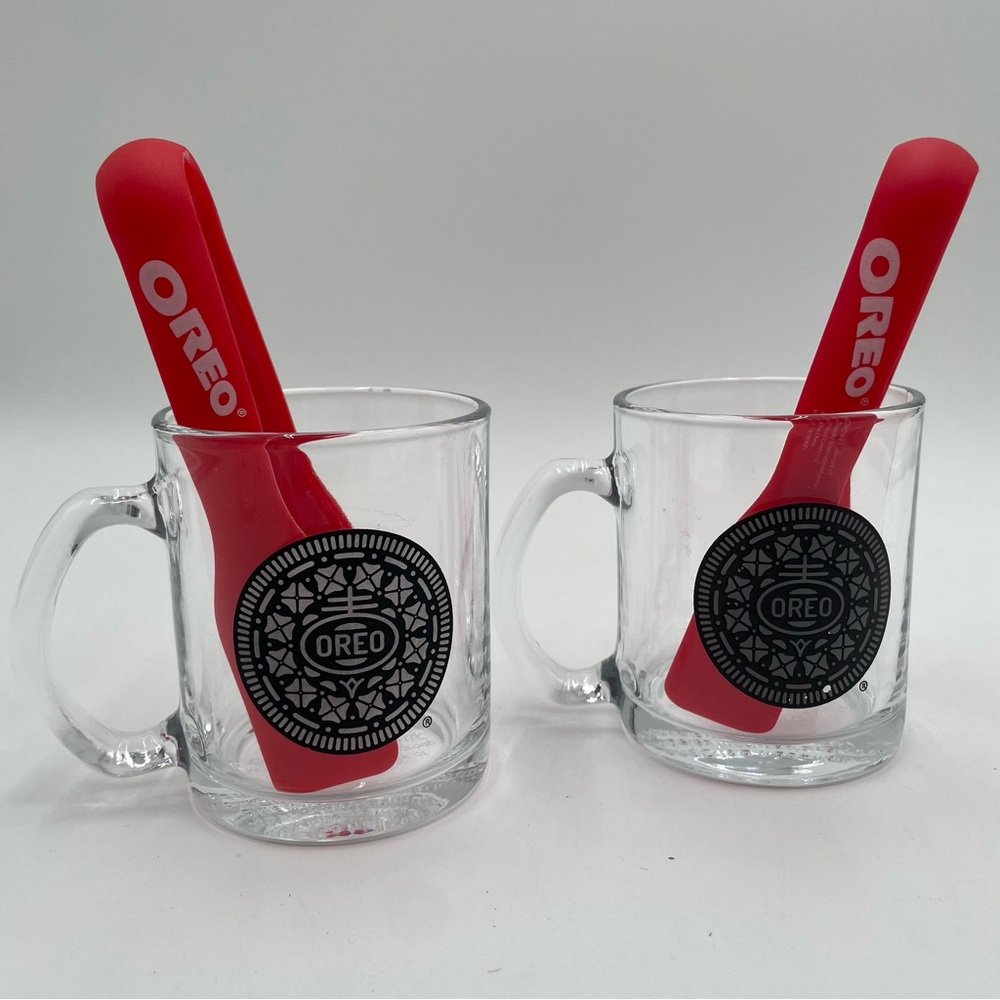 OREO Cookies Milk Dunking Glass Coffee Mugs With Red Tongs set of 2